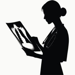 pure black silhouette of a doctor reading an x ray film, standing posture, minimal style on white background