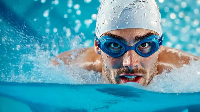 Dynamic swimmer in pool performing competitive freestyle stroke with determination
