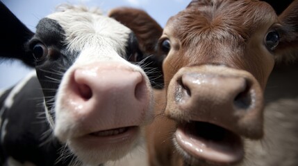 Fototapeta na wymiar Close-up of two curious cows with expressive faces and detailed noses