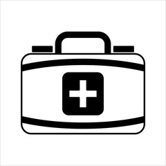 First aid kit, emergency medical kit. Health care aid, health care equipment. Portable bag, first aid briefcase. Flat vector illustration isolated on black and white background.