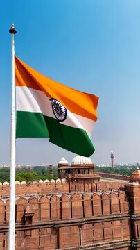 Indian flag fluttering gracefully at red fort on a clear day