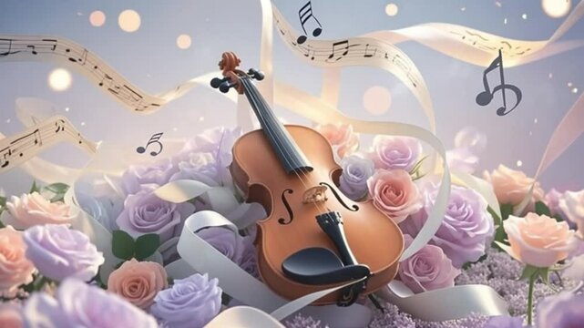 Romantic Violin Garden Melody dreamy music floral background bokeh light guitar violin rose ribbon glow emotional artistic expression 4K video file download 