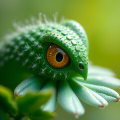 A close-up shot of a vibrant green lizard with a stunning orange eye, highlighting the fine details in an artistic style.