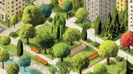 Isometric 3D illustration of a city park with benches and trees, flat geometric style