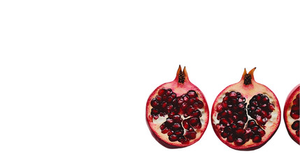 Pomegranate halves, close-up view.  Juicy, ruby-red seeds