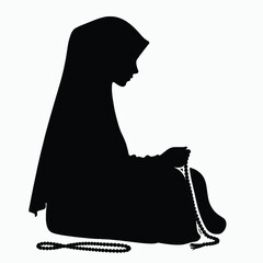 Vector Silhouette of Muslim Girl in Hijab Reciting Tasbih Minimal Black Art on White Background