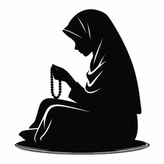 Vector Silhouette of Muslim Girl in Hijab Reciting Tasbih Minimal Black Art on White Background
