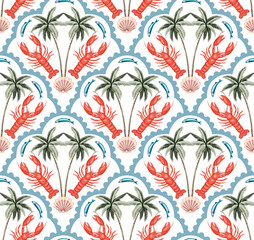 Lobster, shell, palm tree, sardine fish seamless pattern, blue arch background. Summer sea wallpaper.	
