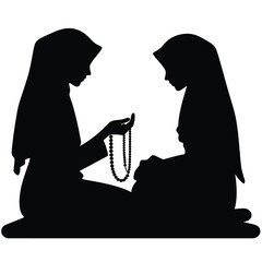 Vector Silhouette of Muslim Girl in Hijab Reciting Tasbih Minimal Black Art on White Background