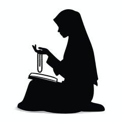 Vector Silhouette of Muslim Girl in Hijab Reciting Tasbih Minimal Black Art on White Background