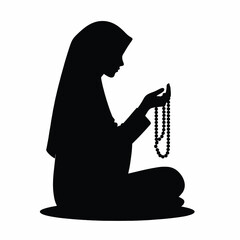 Vector Silhouette of Muslim Girl in Hijab Reciting Tasbih Minimal Black Art on White Background