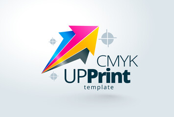 Printing theme logo. CMYK Arrows color. Template design vector. White background