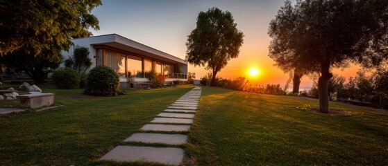 Obraz premium Serene Sunset Over Modern House with Scenic Garden Path and Olive Trees