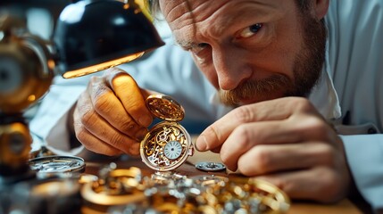 Expert watchmaker meticulously repairs vintage pocket watch mechanism