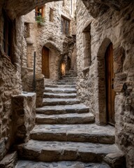 Obraz premium Vintage Stone Staircase in Rustic European Alleyway