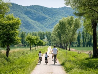 Fototapeta premium Family Bicycle Ride on Sunny Day Along Scenic Country Path with Green Trees