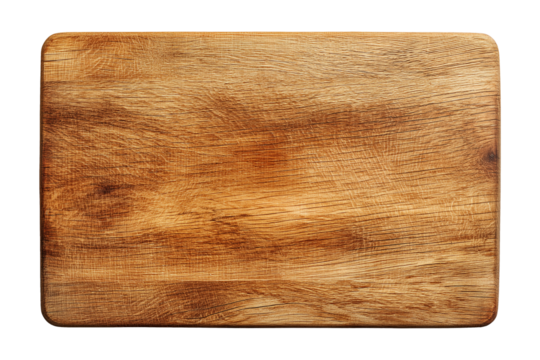 Empty oak wood cutting board with natural grain isolated white top view