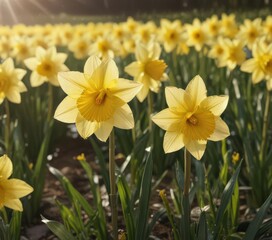 Close-up of glistening daffodil petals, sunlit field backdrop ,  close up,  flower close up,  bright