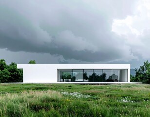Modern White Villa with Glass Walls in Serene Meadow Landscape