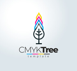 Cmyk Logo. Abstract Tree Leafs Drops Printing theme. Template design vector. White background