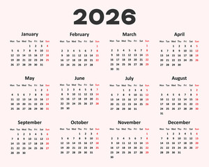 Calendar 2026 year - vector illustration. Week starts on Sunday.