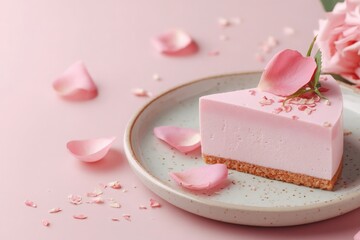 Elegant Strawberry Mousse Cake with Rose Petals on Ceramic Plate, AI Generated