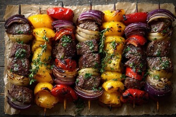 Flatlay of Beef Shish Kebab with Grilled Peppers and Onions on Rustic Surface, AI Generated