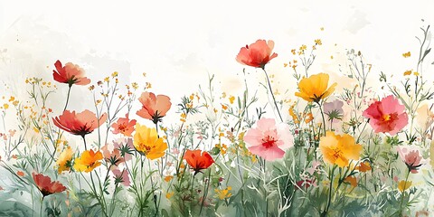Obraz premium Lush field of blooming wildflowers captured in soft watercolor painting with vibrant colors