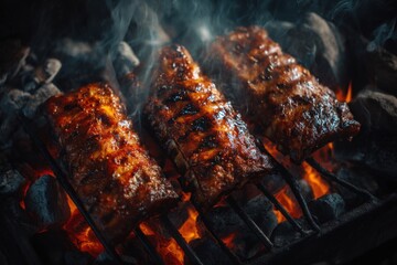 Top View of Sizzling Ribs on a Charcoal Grill with Glowing Coals, AI Generated