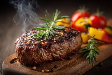 Juicy Grilled Steak on Wooden Board with Vegetables and Rosemary, AI Generated