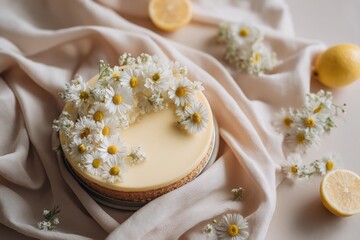 Flatlay of Lemon Tart with Chamomile Flowers on Light Linen Surface, AI Generated
