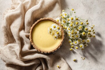 Flatlay of Lemon Tart with Chamomile Flowers on Light Linen Surface, AI Generated