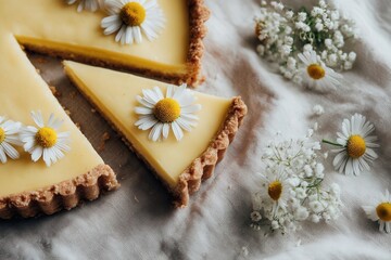 Flatlay of Lemon Tart with Chamomile Flowers on Light Linen Surface, AI Generated