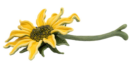 Delicate, stylized sunflower brooch.  Yellow petals, textured green stem