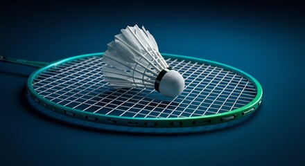 Close-up of a Badminton Racket and Shuttlecock on a Dark Blue Background - Sport Equipment and Game Concept