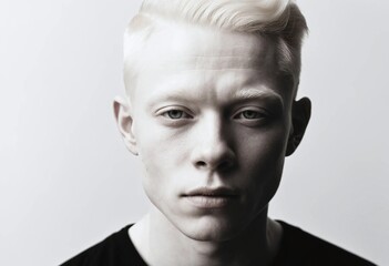 High contrast black and white portrait of a person with albinism featuring artistic lighting