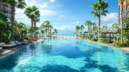 Fototapeta premium Luxurious beachfront resort swimming pool with tropical landscape