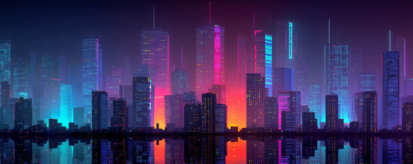 Colorful city skyline with vibrant neon lights reflected in the water. Skyscrapers illuminated in shades of blue, pink, and orange.