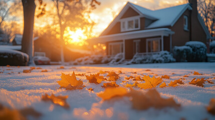 Early snow covering vibrant orange maple leaves near suburban home, autumn sunset casting warm golden light on wintry landscape