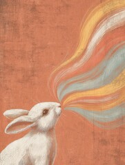 A whimsical illustration of a white rabbit exhaling colorful wisps.