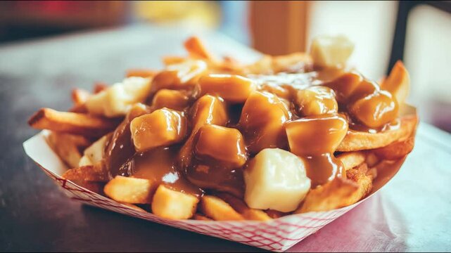 Delicious poutine in a paper boat