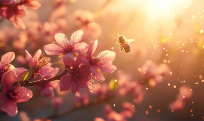serene orchard in bloom where bees buzz among the blossoms, and sunlight filters softly through the branches, Generative AI