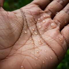 Fototapeta premium Close-up of a Brown Hand with Water Drops