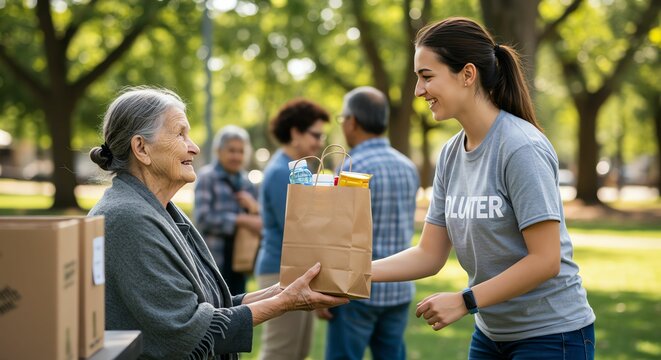 Woman Gives Food Bag to Senior - Volunteering