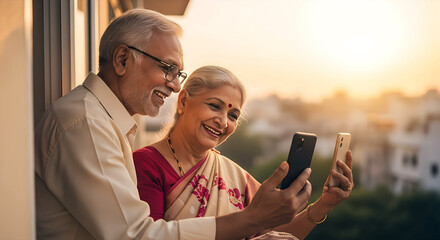 Happy senior couple using smartphones outdoors at sunset