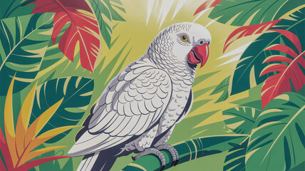 White parrot on a colorful background with tropical leaves playful design