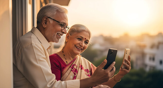 Happy senior couple using smartphones outdoors at sunset