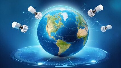 Fototapeta premium Futuristic high-tech globe with glowing global network lines, data points, and digital world map overlays, symbolizing innovation, global connectivity, and advancements in energy technologies.