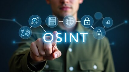 Person pointing at a digital interface displaying the acronym osint.