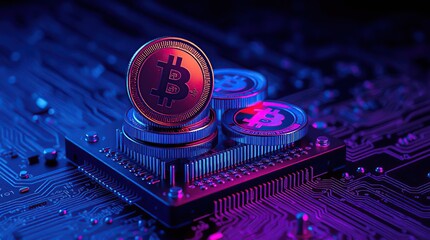 Cryptocurrency coins atop a circuit board, illuminated by vibrant neon light